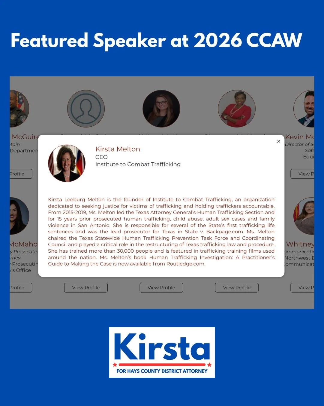Kirsta was one of the featured speakers at the Conference on Crimes Against Women last week in Dallas, TX where she presented on The Importance of Developing a Human Trafficking Policy Framework!  @nationalccaw