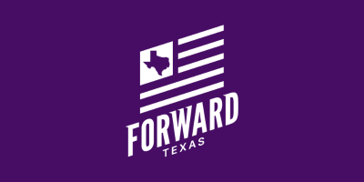 Forward Texas logo with a stylized Texas outline and stripes on a purple background.