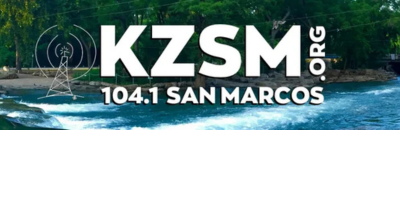 Radio station logo for KZSM 104.1 San Marcos with a river and trees in the background.