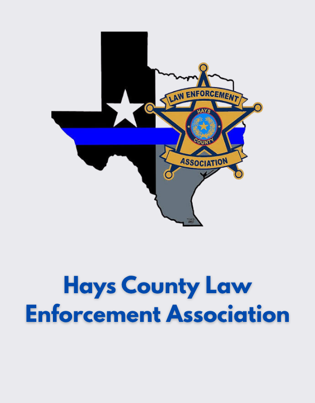 Graphic of the state of Texas with a police badge overlay, featuring the Hays County Law Enforcement Association logo and the Texas flag colors, accompanied by the text "Hays County Law Enforcement Association".