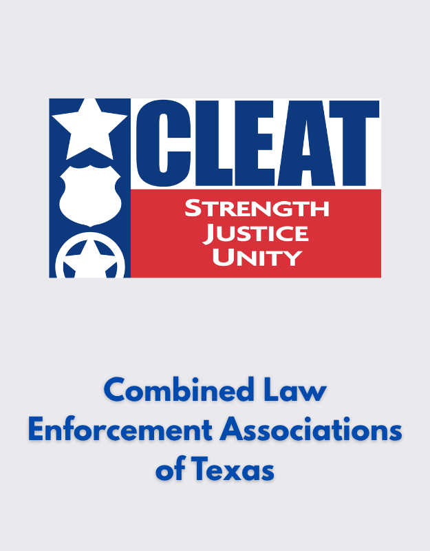 Logo for CLEAT with symbols of a star, police badge, and sheriff's badge, and the words Strength, Justice, Unity; text reads 'Combined Law Enforcement Associations of Texas'.