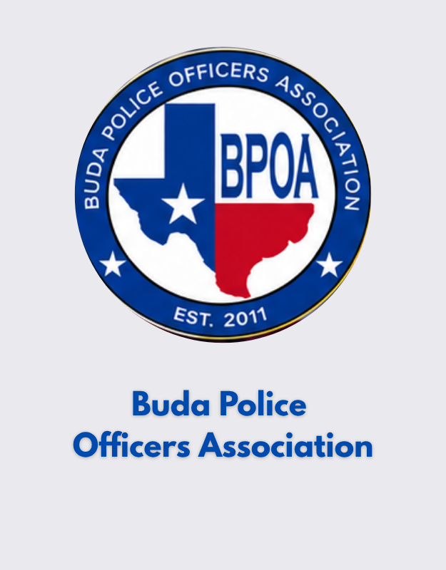 Logo of the Buda Police Officers Association featuring a blue, white, and red Texas-shaped emblem with the acronym BPOA and the text 'EST. 2011', along with the organization's full name beneath.