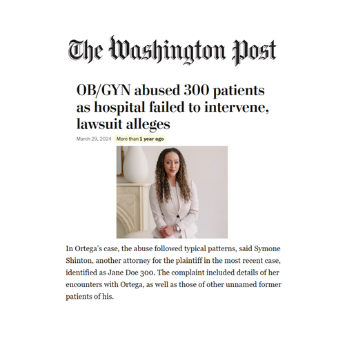 Screenshot of a news article from The Washington Post titled "OB/GYN abused 300 patients as hospital failed to intervene, lawsuit alleges," dated March 29, 2024. The article features a photo of a woman with curly hair standing indoors.