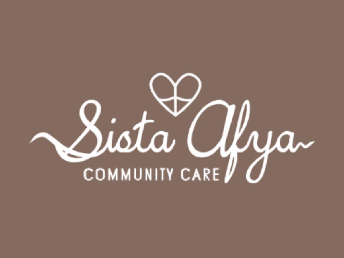 Logo for Sista Alya Community Care, with a brown background, white script text, and a heart symbol above the text.
