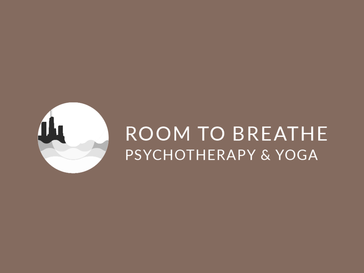 Logo for Room to Breathe Psychotherapy & Yoga with a black and white cityscape and mountain design on a brown background.
