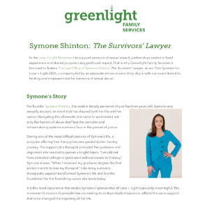 Greenlight Family Services logo at the top. Text about Symone Shinton, a lawyer specializing in personal injury and wrongful death cases, including her story, experience, and community involvement. A photo of a woman in a blue suit.