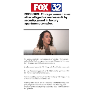 Screenshot of a Fox 32 news article about Chicago woman suing after alleged sexual assault, featuring a woman speaking.