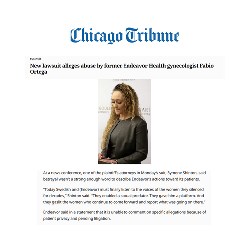Screenshot of a Chicago Tribune news article titled 'New lawsuit alleges abuse by former Endeavor Health gynecologist Fabio Ortega,' including a photo of a woman with curly blonde hair wearing a dark blazer, looking down in front of a white background.