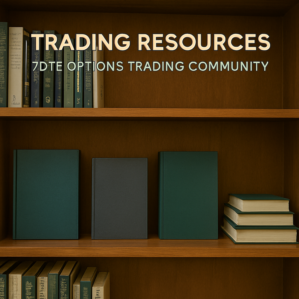 Bookshelf with books and binders, with text overlay saying "Trading Resources" and "7DTE Options Trading Community."