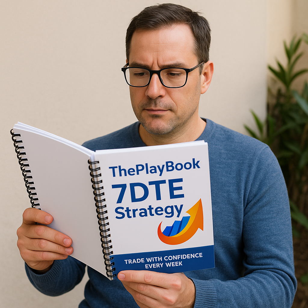 A man wearing glasses and a blue sweater looking at a spiral-bound book titled 'The PlayBook 7DTE Strategy' with a subtitle 'Trade with Confidence Every Week'.