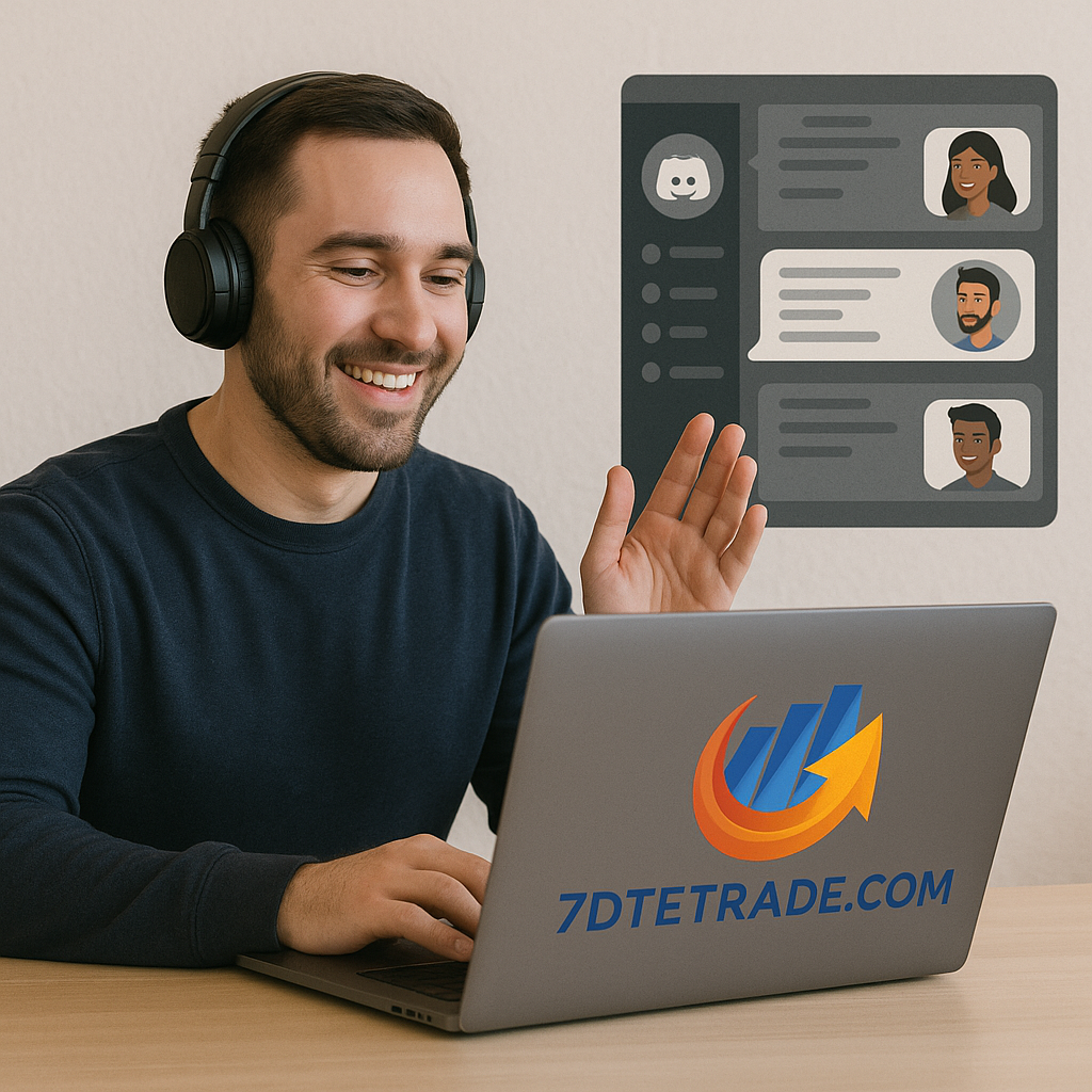 A young man wearing a black headset smiling and sitting at a desk with a laptop that has 7DTTrade.com logo on it. A semi-transparent overlay shows a messaging app with various cartoon profile pictures and chat messages.