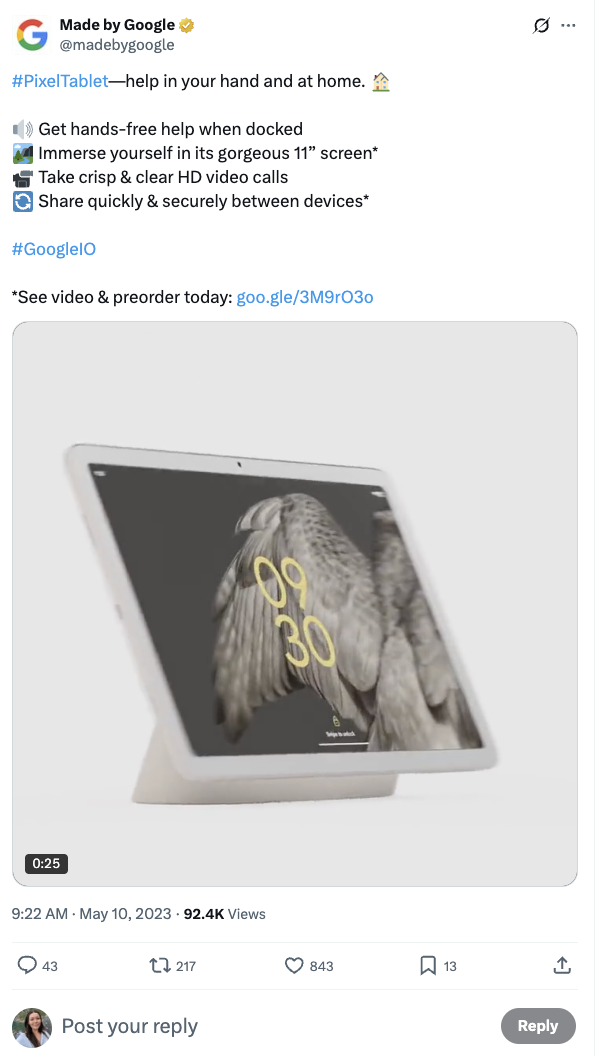 X post announcing Pixel Tablet at Google I/O 2023