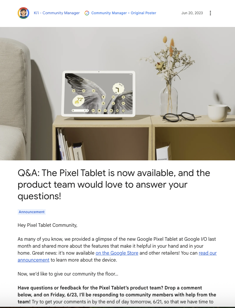 Community post announcing a 2-day Q&A that I led with a team of Product Managers in the Google Pixel Tablet Community, allowing them to directly reply to customers