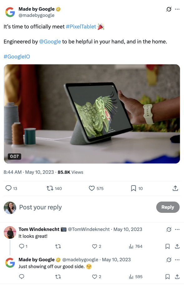 X post announcing Pixel Tablet at Google I/O 2023