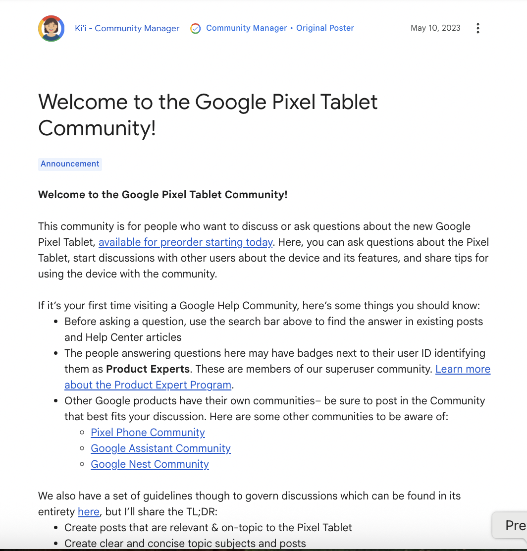 Launch post in the Google Pixel Tablet Community