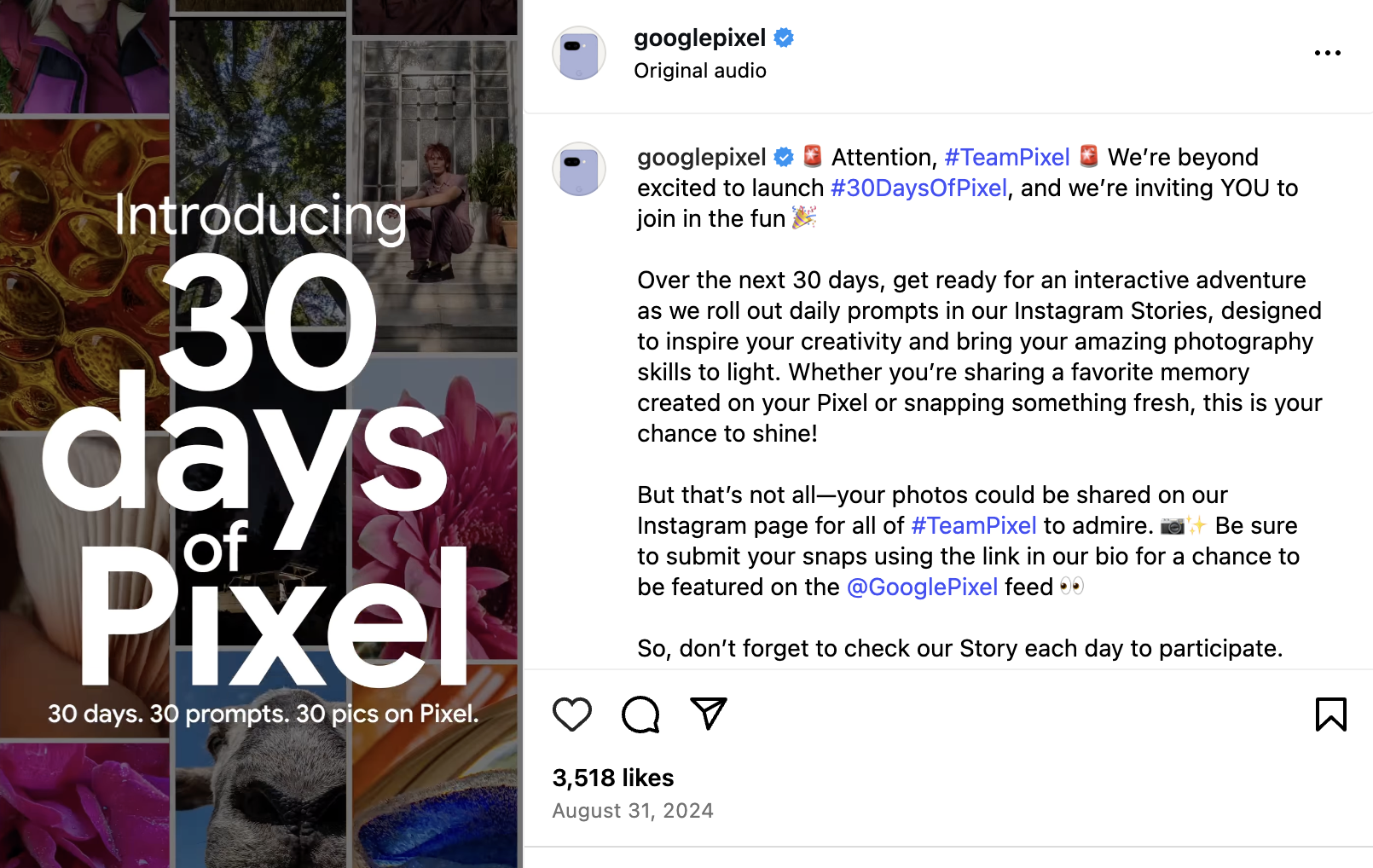 Kick-off post on @GooglePixel on IG