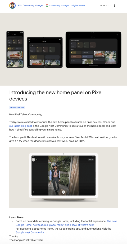 Feature Spotlight post in the Google Pixel Tablet Community