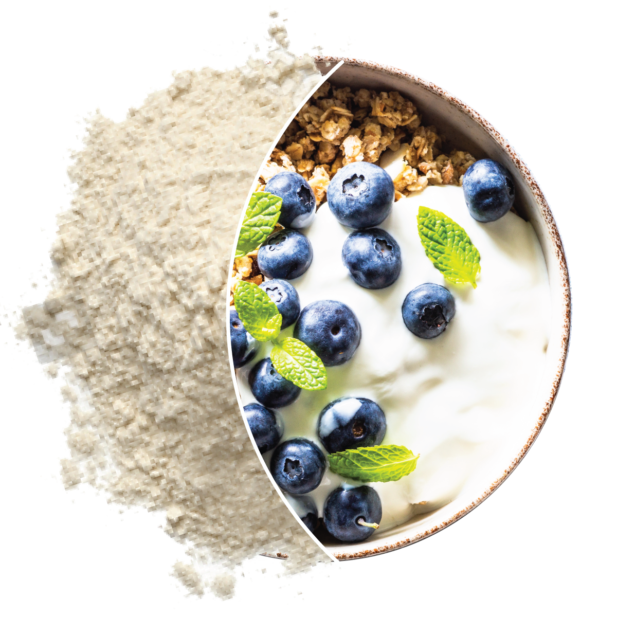 A bowl of yogurt topped with blueberries, granola, and mint leaves, with part of a rice cake visible on the left.