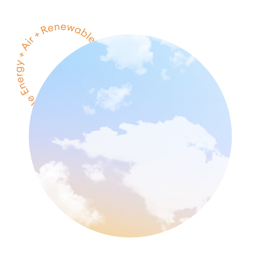 Circle with a sky background featuring clouds and the text 'Energy + Air + Renewable' around the top left edge.