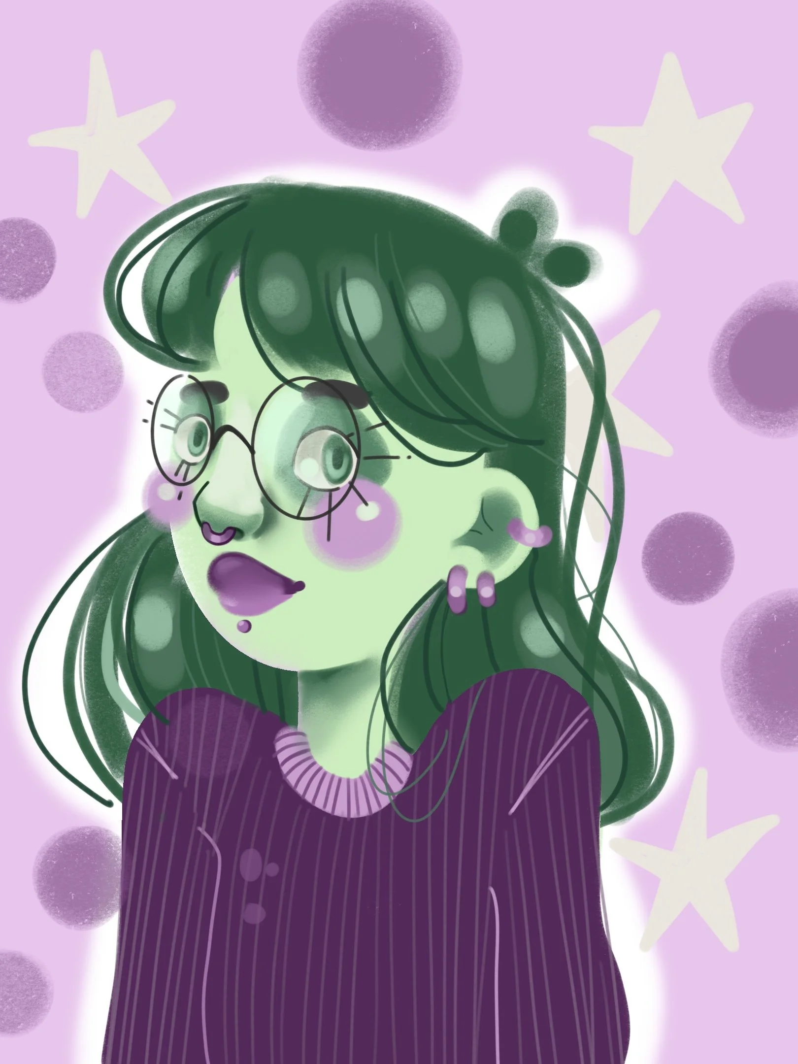Illustration d'une jeune femme avec des cheveux verts, portant des lunettes rondes et des boucles d'oreilles violettes, avec un fond violet à motifs d'étoiles et de cercles.