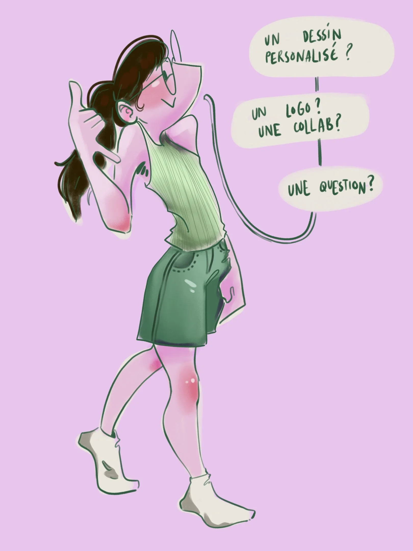 Une illustration d'une jeune femme en short vert, debout, avec ses cheveux bruns, portant des lunettes, qui semble rêveuse ou curieuse. Elle a trois bulles de texte : "Un dessin personnalisé ?", "Un logo ? une collab ?" et "Une question ?". Le fond est violet clair.