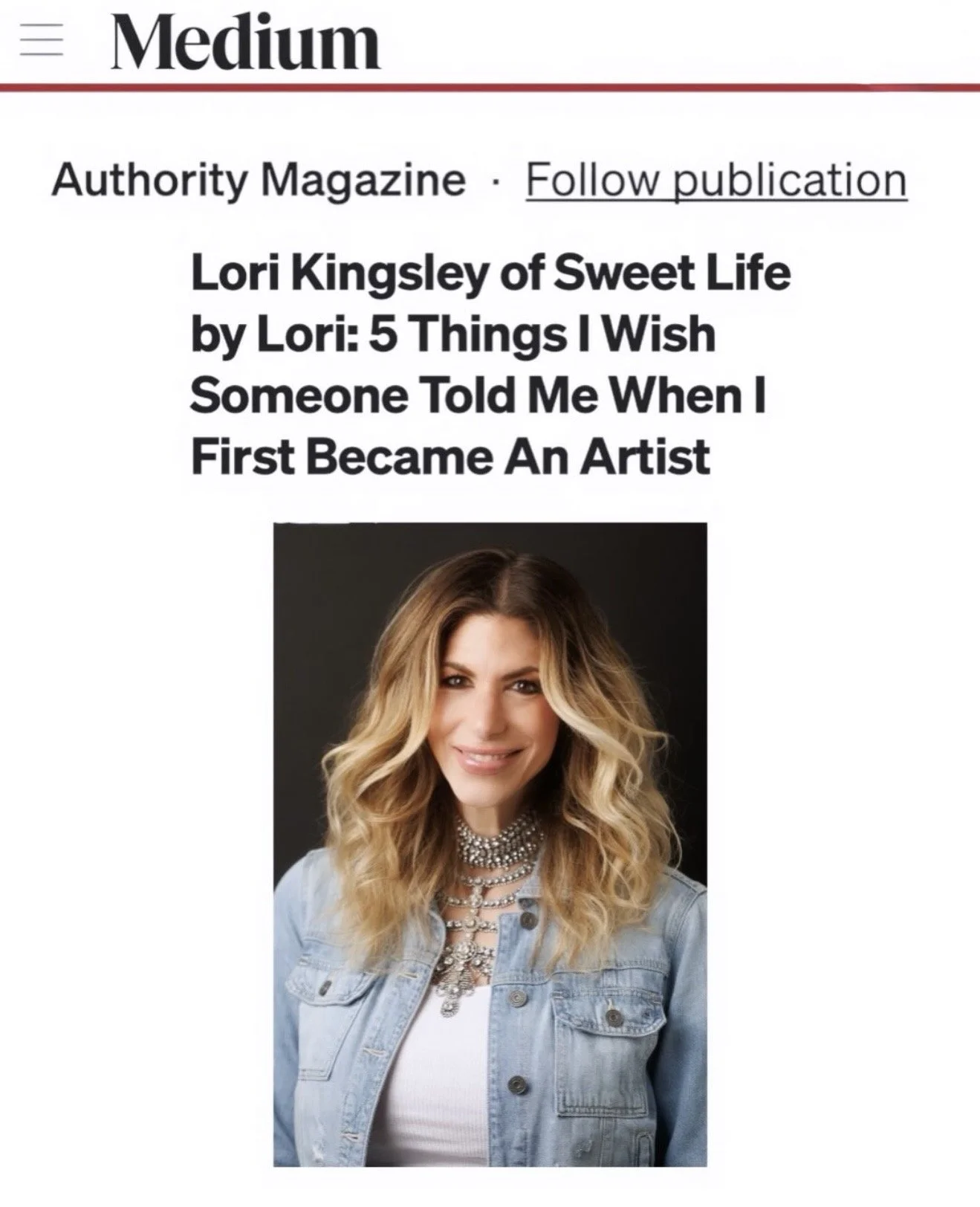Screenshot of an online article featuring a photo of Lori Kingsley, with the headline about her 5 things she wishes someone had told her when she first became an artist.