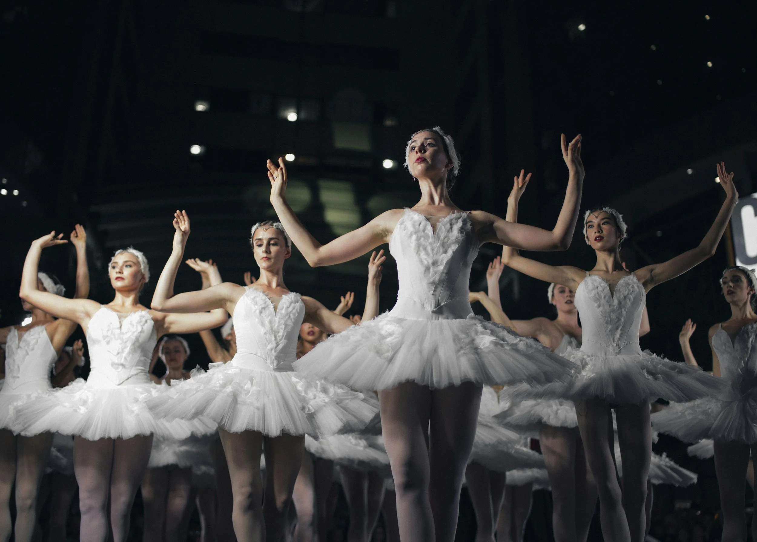 Group of ballerinas in white tutus performing on stage.