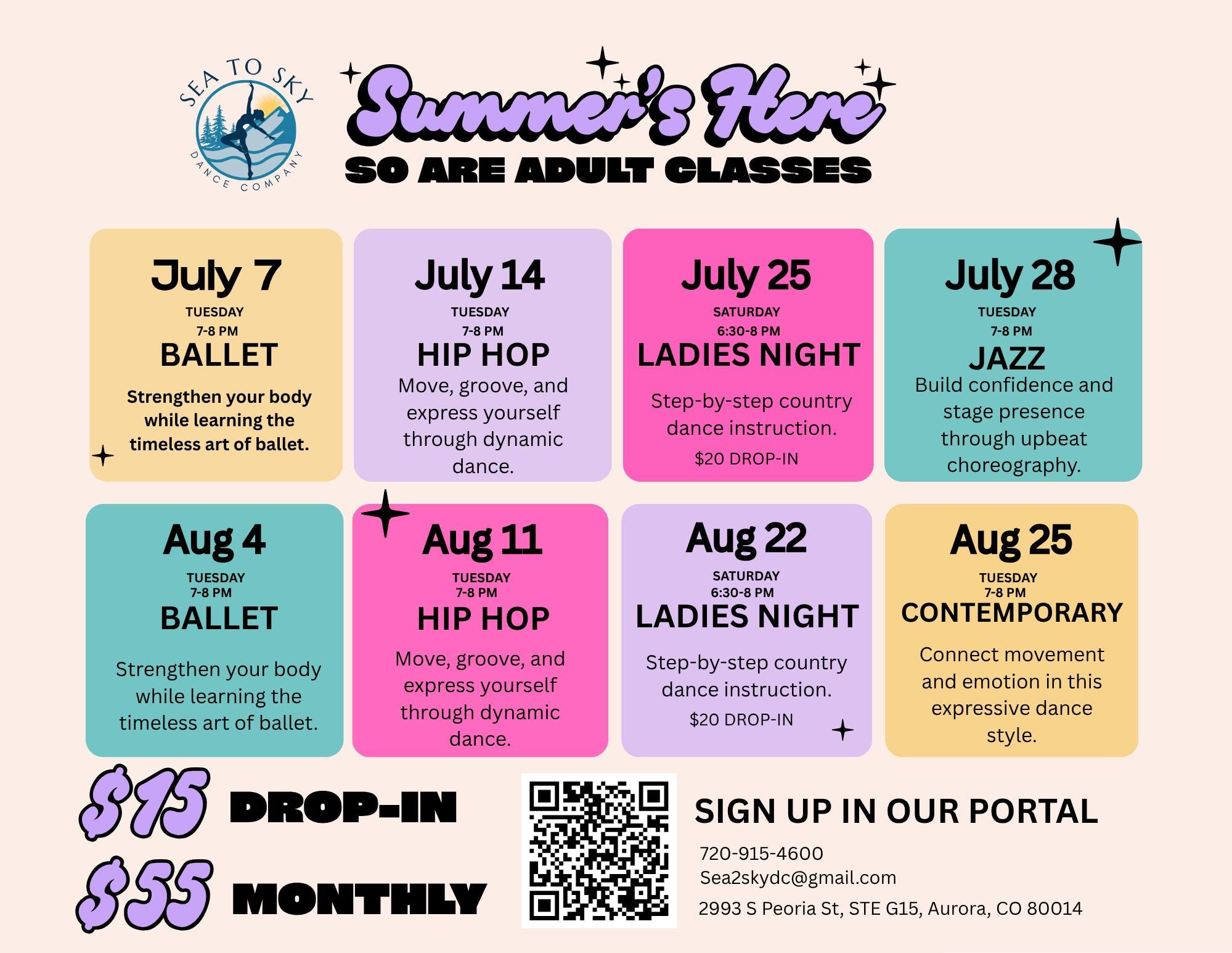 Adult classes are coming to Sea to Sky! 

This summer, we're trying out a variety of styles to see what our community enjoys most as we build next season's adult program. Whether you're returning to dance or trying something new for the first time, w
