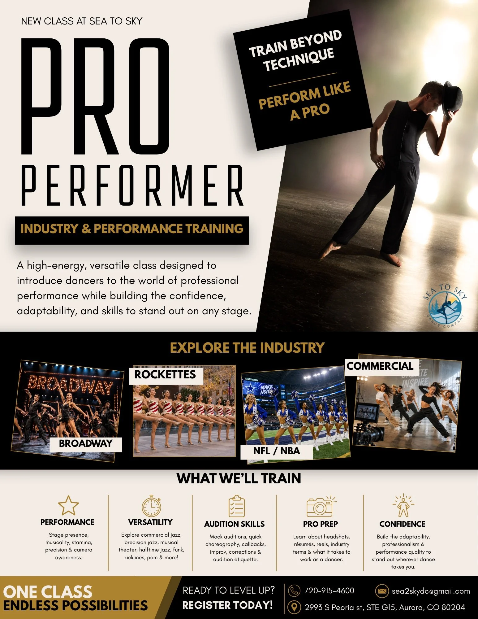 Introducing Pro Performer coming to Sea to Sky in September! 

A brand new class designed to take dancers beyond the traditional studio experience and into the world of professional performance.

Explore styles inspired by Broadway, the Rockettes, co
