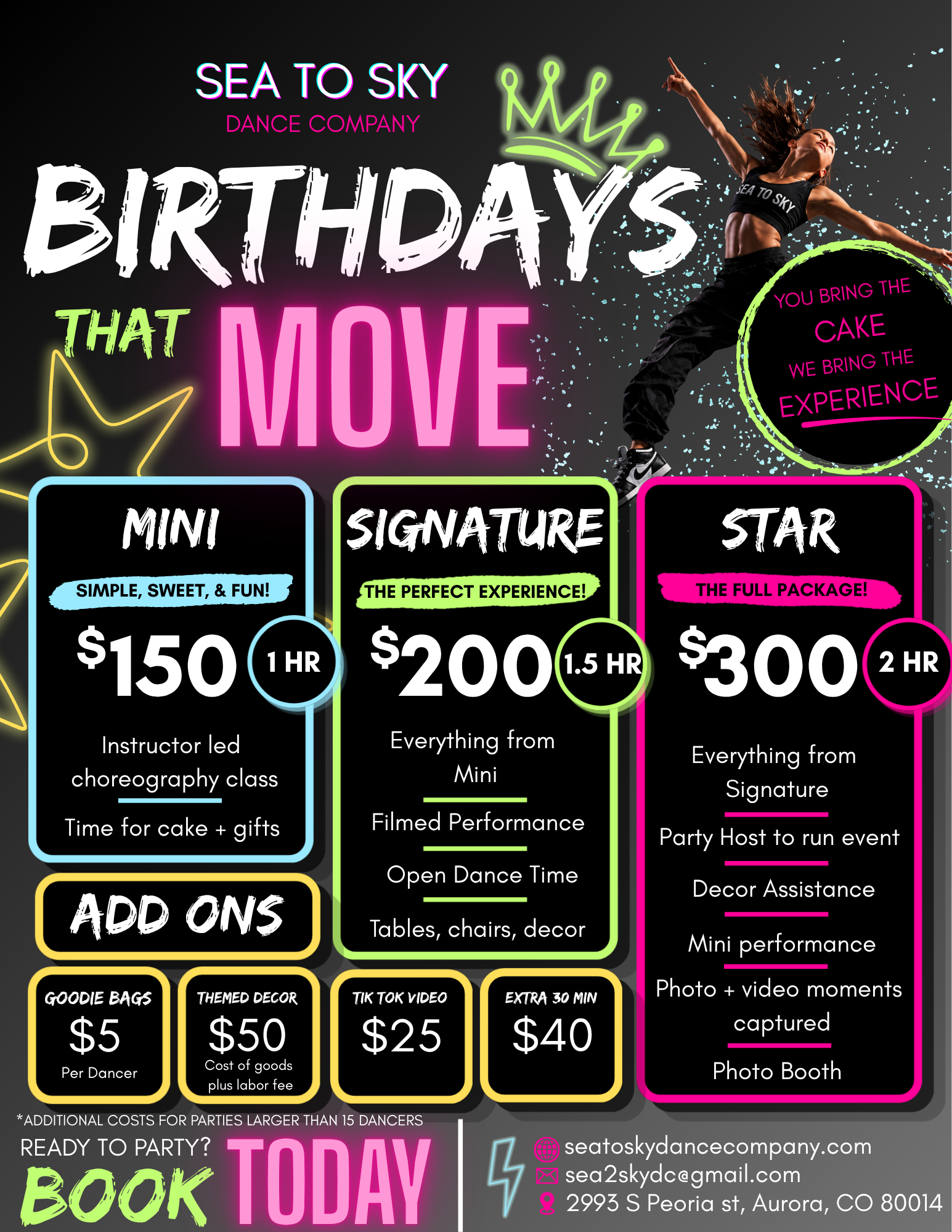 A colorful flyer advertising dance company birthday packages, offering options called Mini, Signature, and Star with prices and details, along with add-ons such as goodie bags, themed decor, TikTok videos, and extra time, with a dancer jumping and celebrating, and contact information at the bottom.