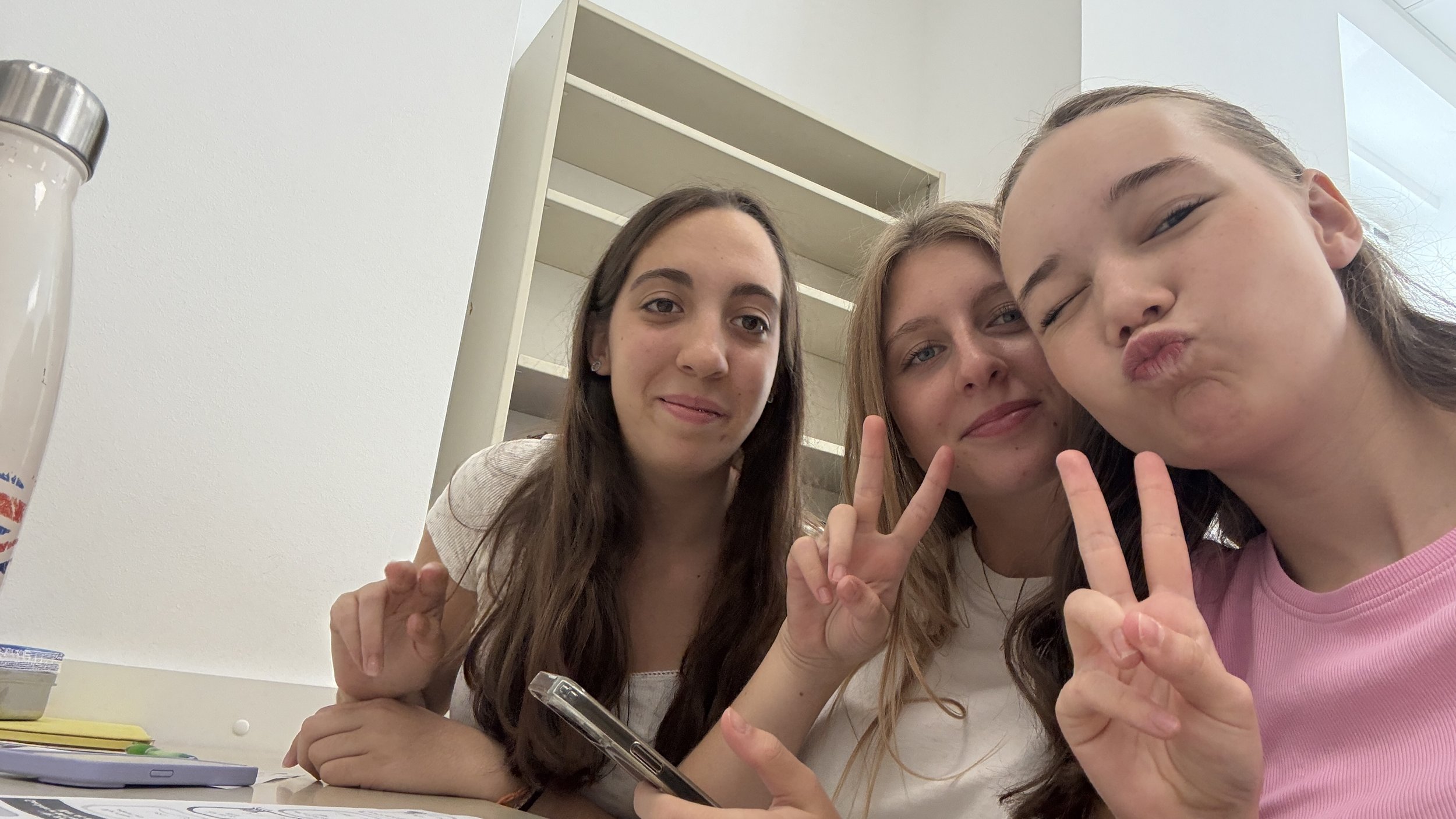 Drei junge Mädchen machen ein Selfie und posieren mit Peace-Zeichen. Sie sitzen an einem Tisch in einem Zimmer mit weißen Wänden und einem Regal im Hintergrund.