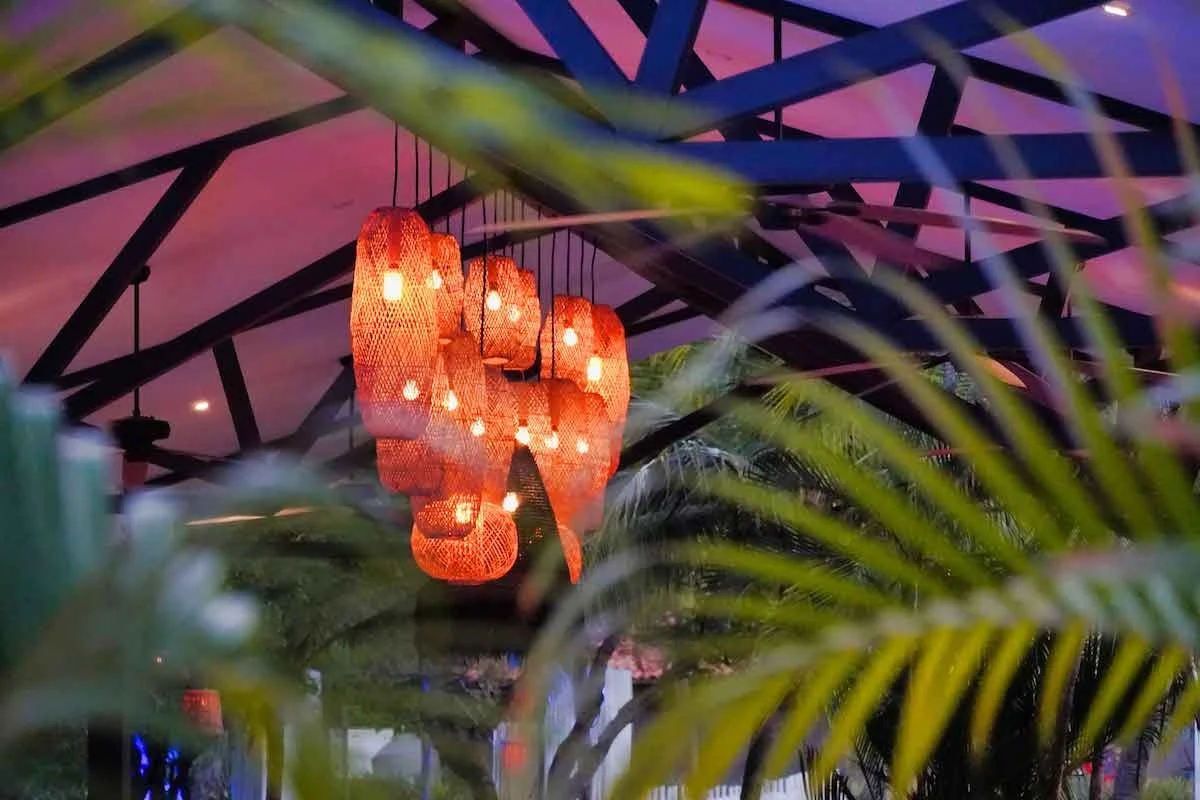 Hanging orange woven pendant lights with glowing bulbs hanging from the ceiling, seen through lush green palm leaves with a pinkish-purple ceiling in the background.