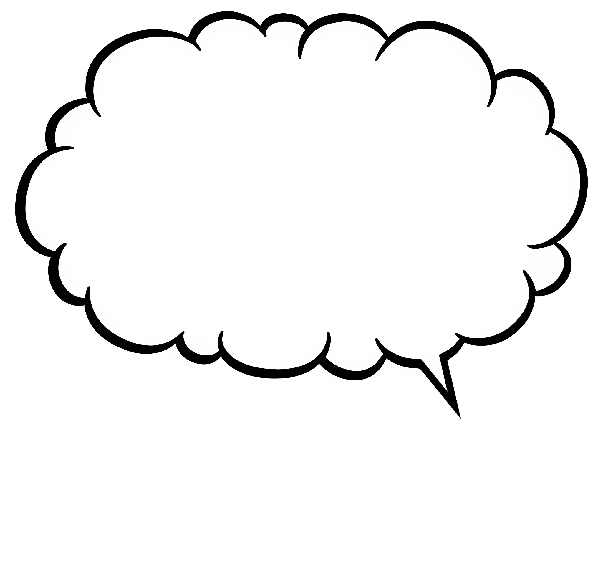 A blank white comic-style speech bubble with a scalloped border and a tail pointing downwards, set against a black background.