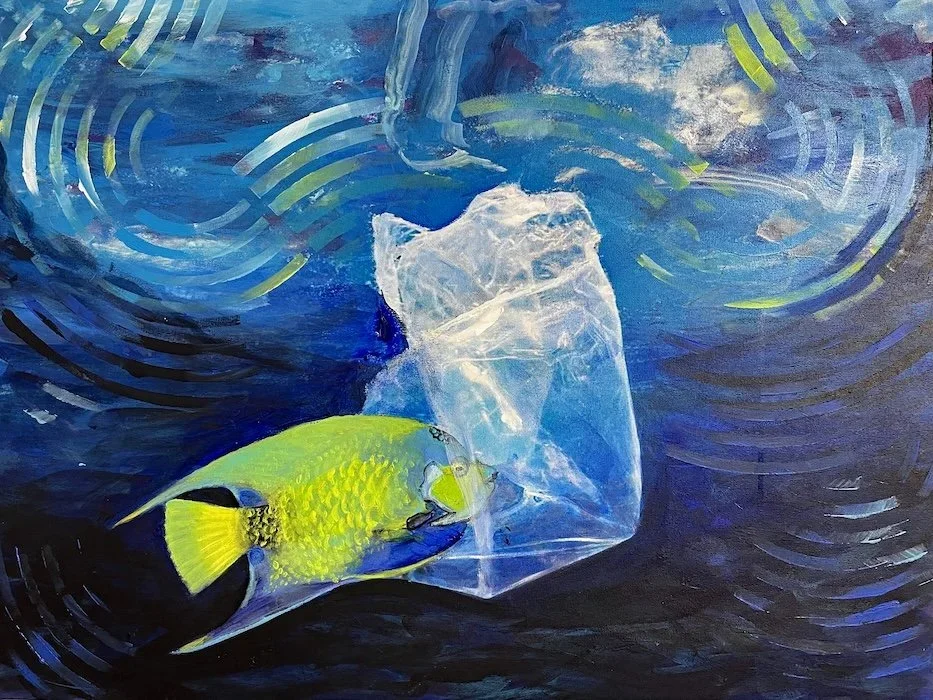 Fish in Plastic, Acrylic on canvas, 18 x 24 inches