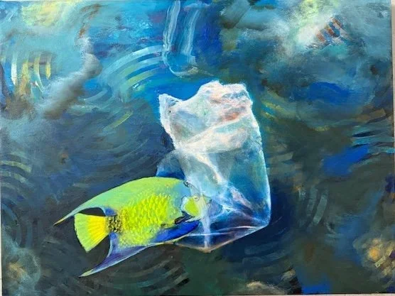 Fish in Plastic Bag, Acrylic on canvas, 18 x 30 inches, 2025