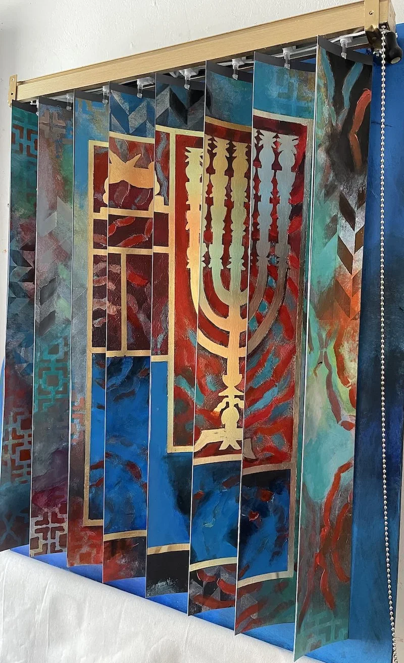 Tabernacles - Samaritans (back), Acrylic on venetian blinds, 36 x 30 x 4 inches, 2022