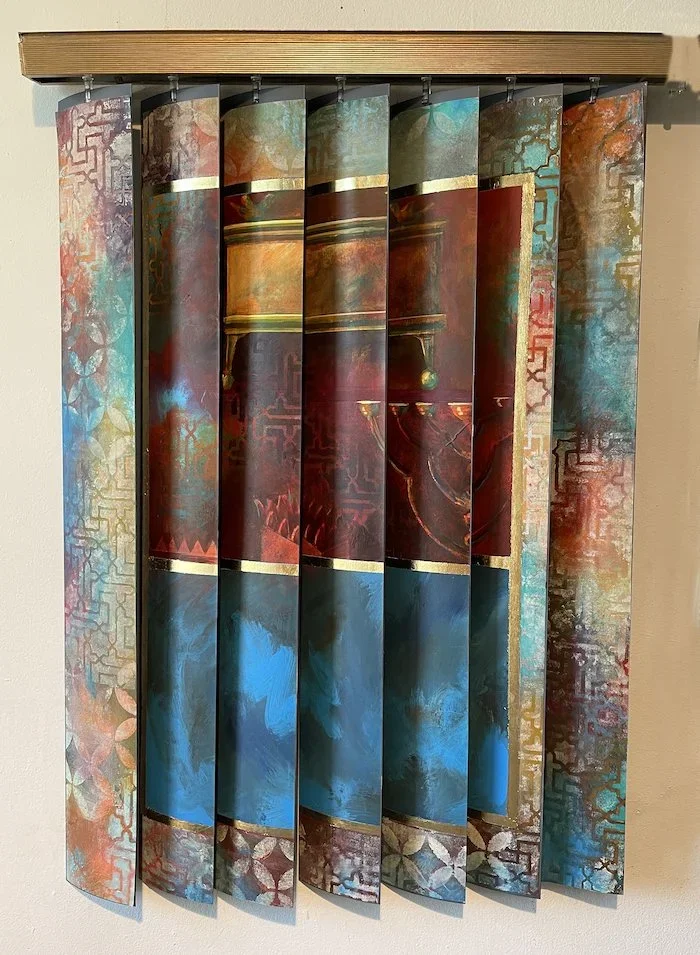 Tabernacles - Samaritans (front), Acrylic on venetian blinds, 36 x 30 x 4 inches, 2022

