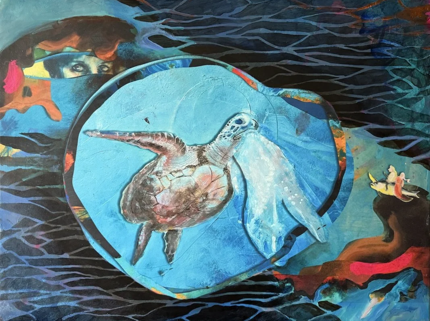 Turtle Eats Plastic, Acrylic on canvas, 26 x 40 inches, 2025