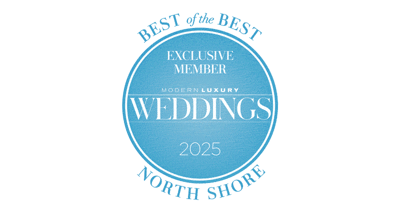A circular badge with a blue background and white text, reading: "Best of the Best, North Shore, Exclusive Member, Modern Luxury Weddings, 2025."