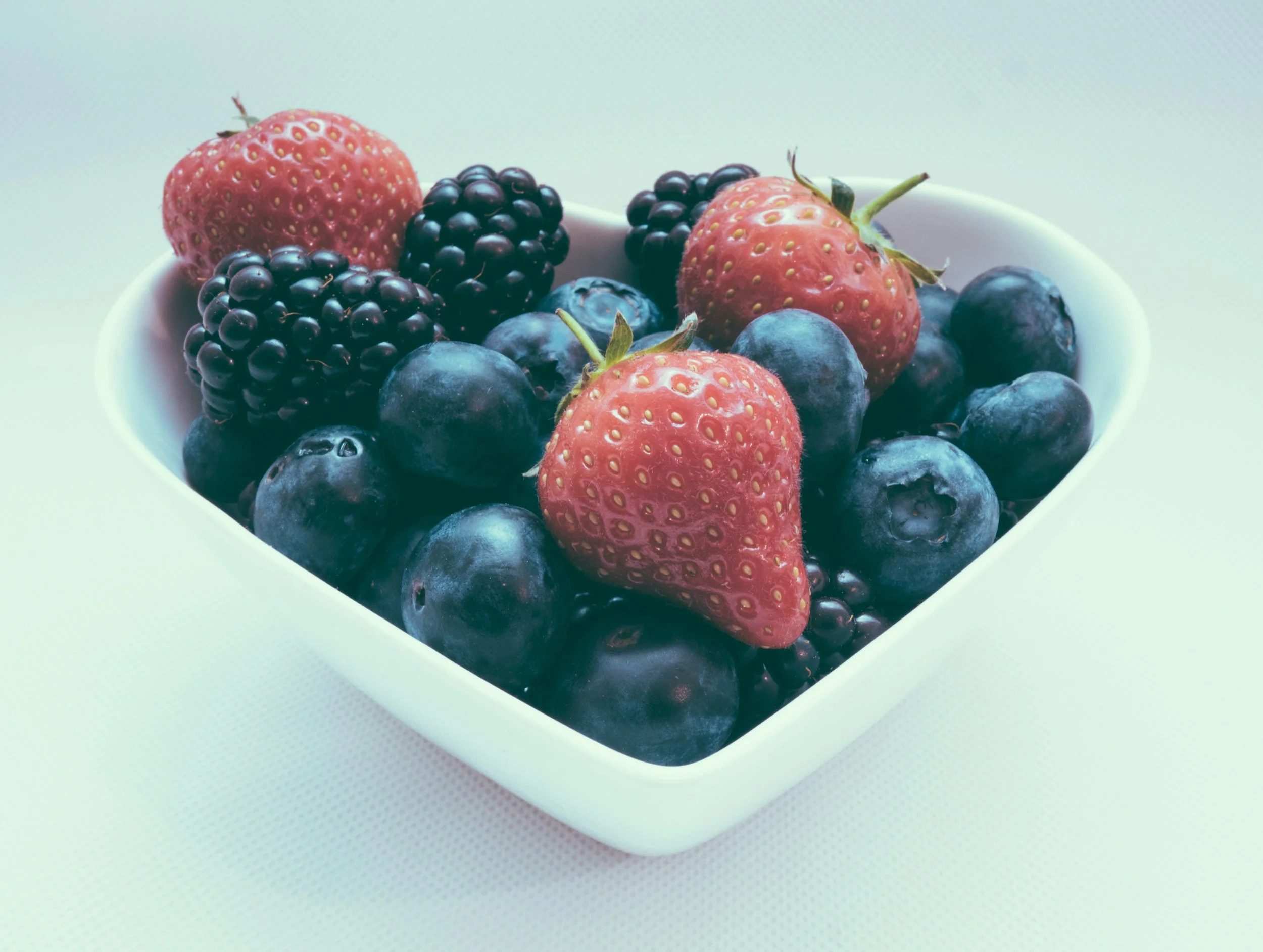 Berries Fruit Blueberries Blackberries Strawberries in a Heart-Shaped Bowl Close Up