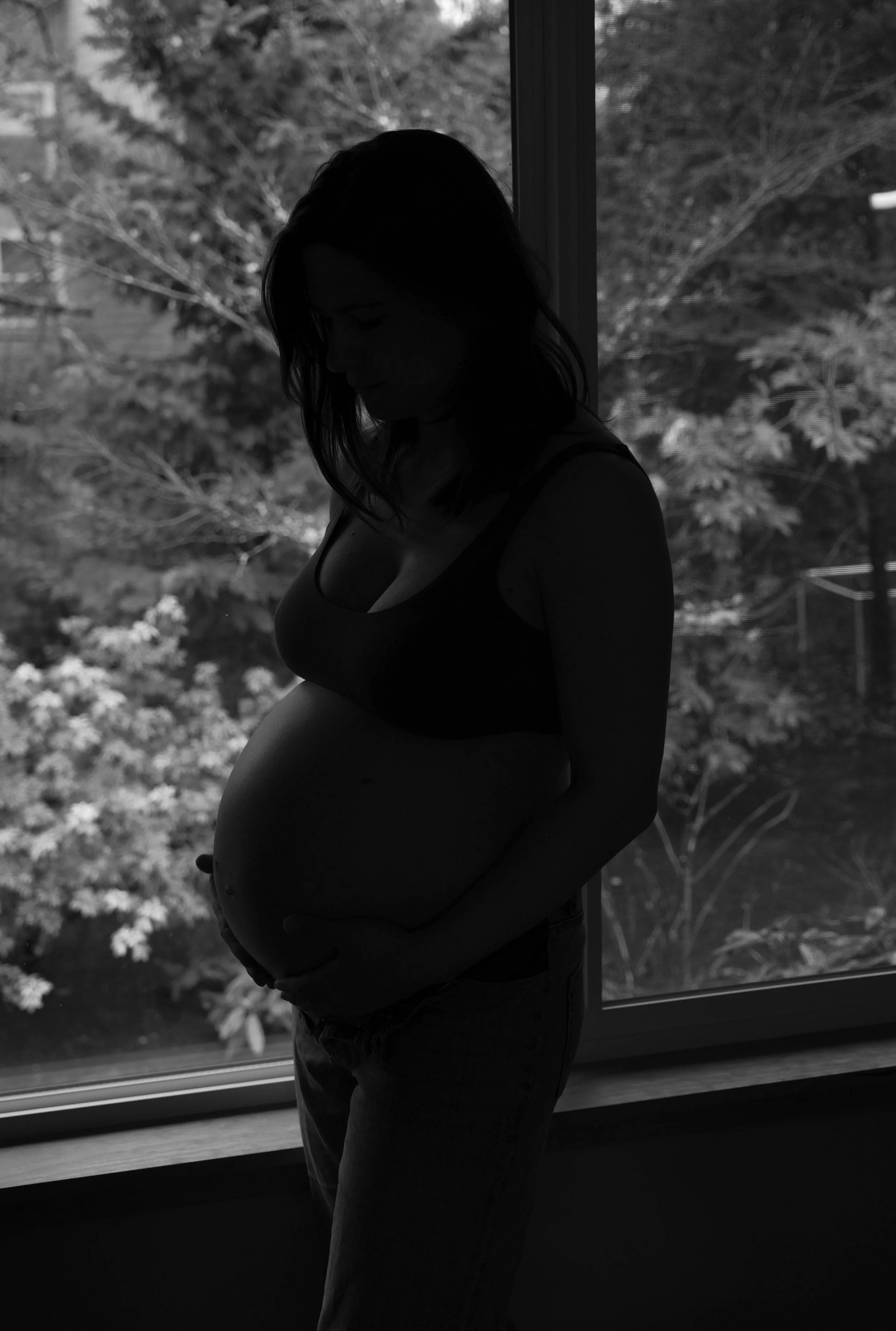 Silhouette of a pregnant woman standing by a window with a view of trees outside.