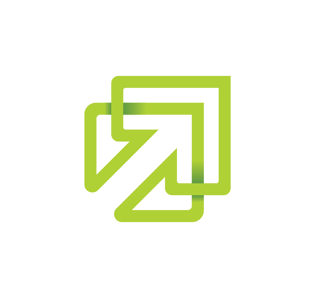 Green overlapping squares and arrow icon on a black background.