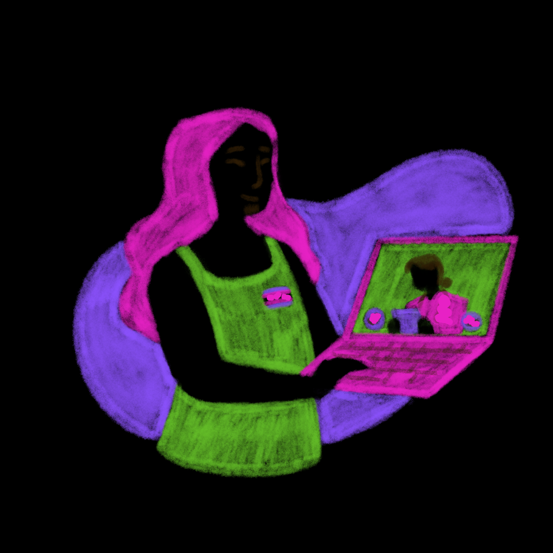 Neon drawing of a woman with pink hair sitting on a purple chair, looking at a pink laptop with a reflection of herself on the screen.