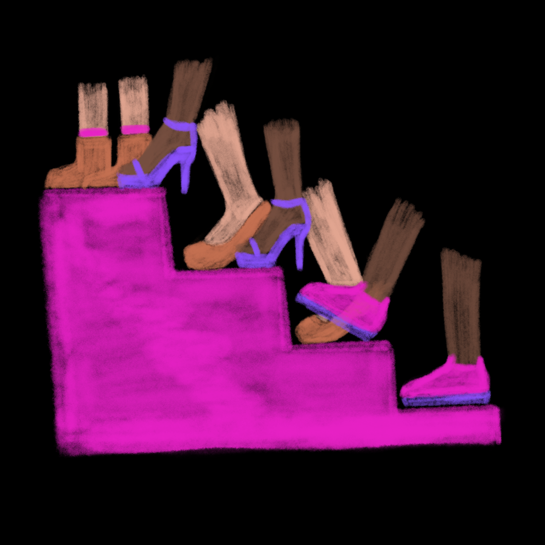 Illustration of five pairs of legs in high heels and sockless shoes on a pink staircase against a black background.