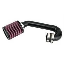 A car engine cold air intake system with a filter attached to a black pipe.