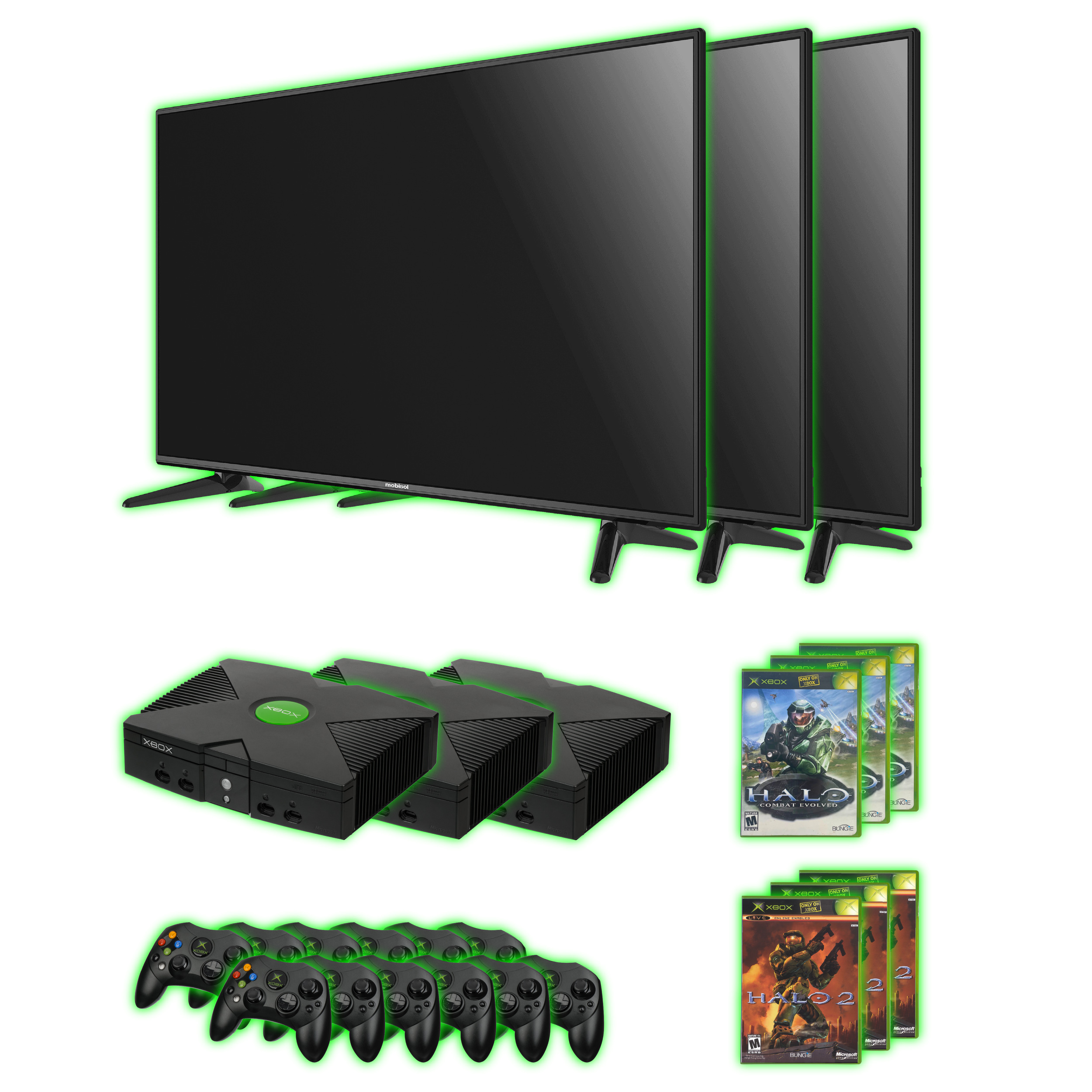 Three black Xbox gaming consoles with green Xbox logos on top, arranged with one above and two below.
