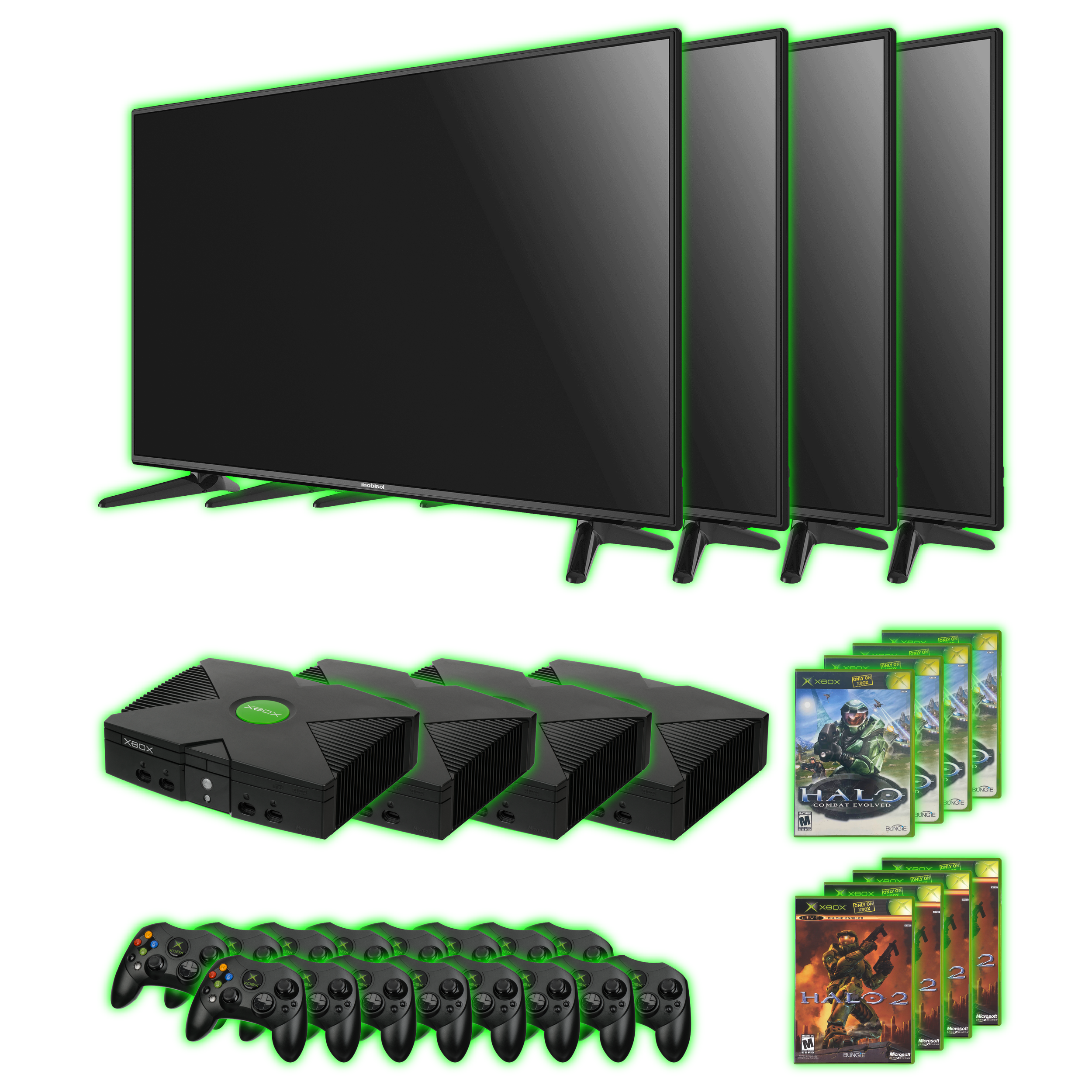 Four identical Xbox gaming consoles arranged in a 2x2 grid.