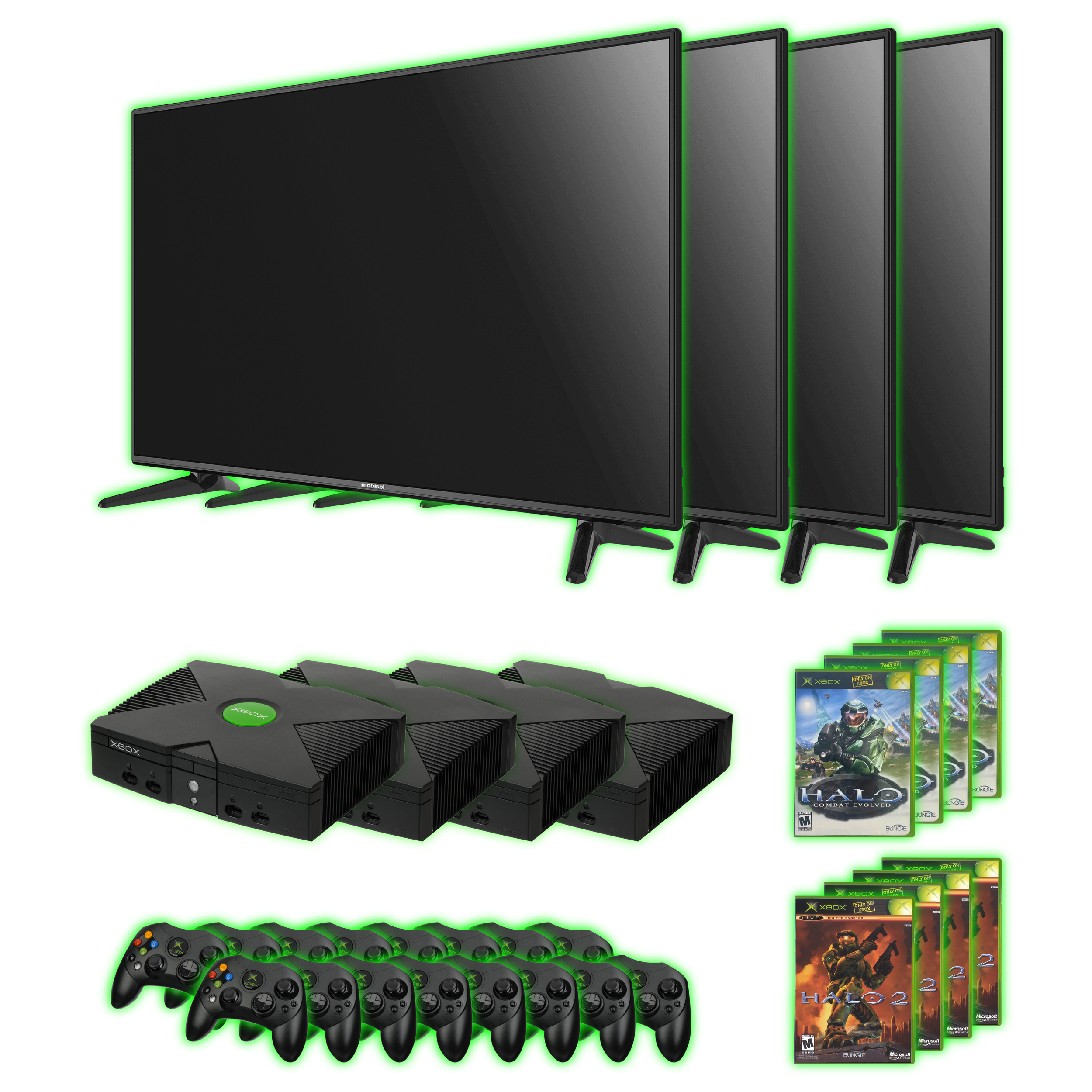 Four identical Xbox gaming consoles arranged in a 2x2 grid.