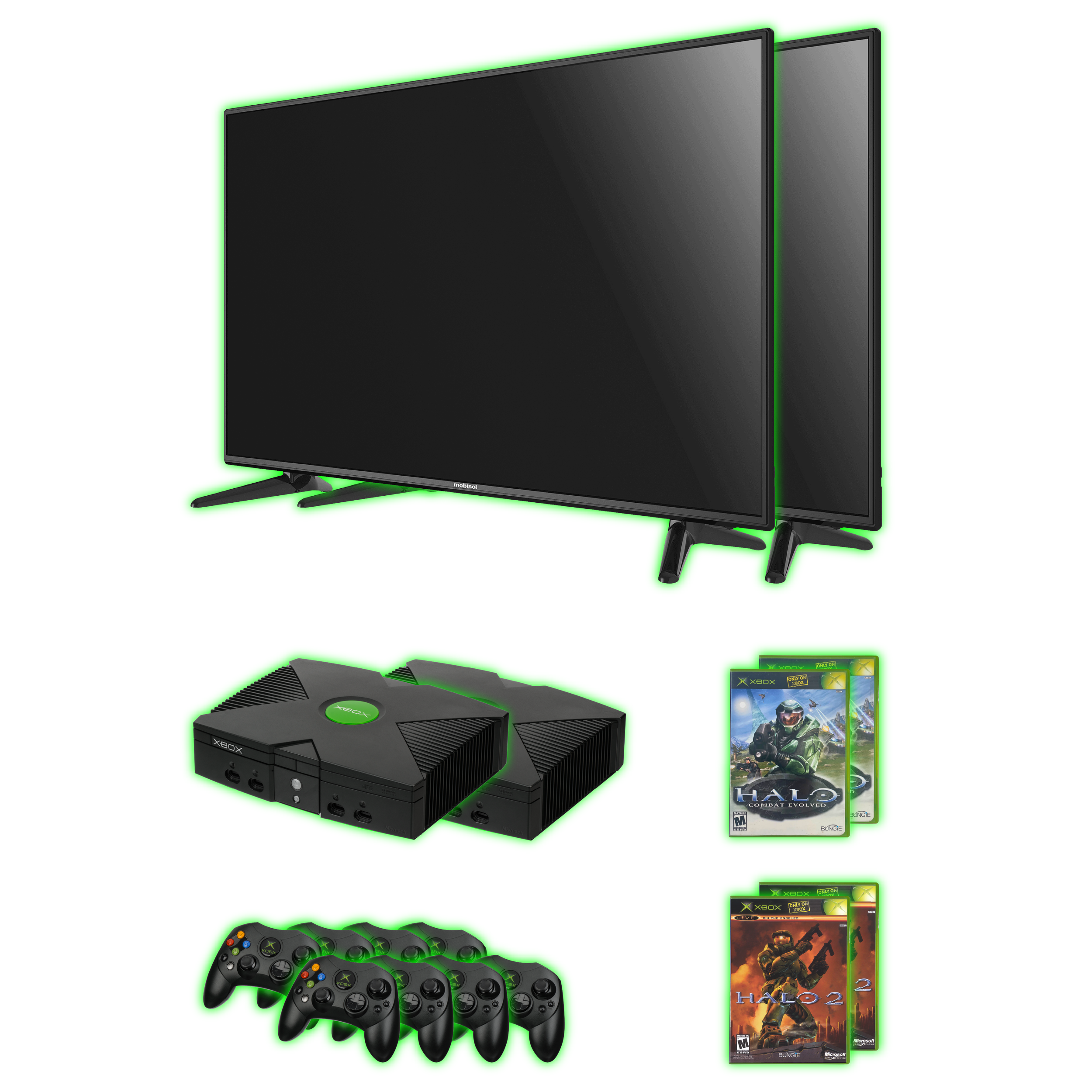 Two black Xbox gaming consoles with green Xbox logos on top, positioned side by side, facing forward.