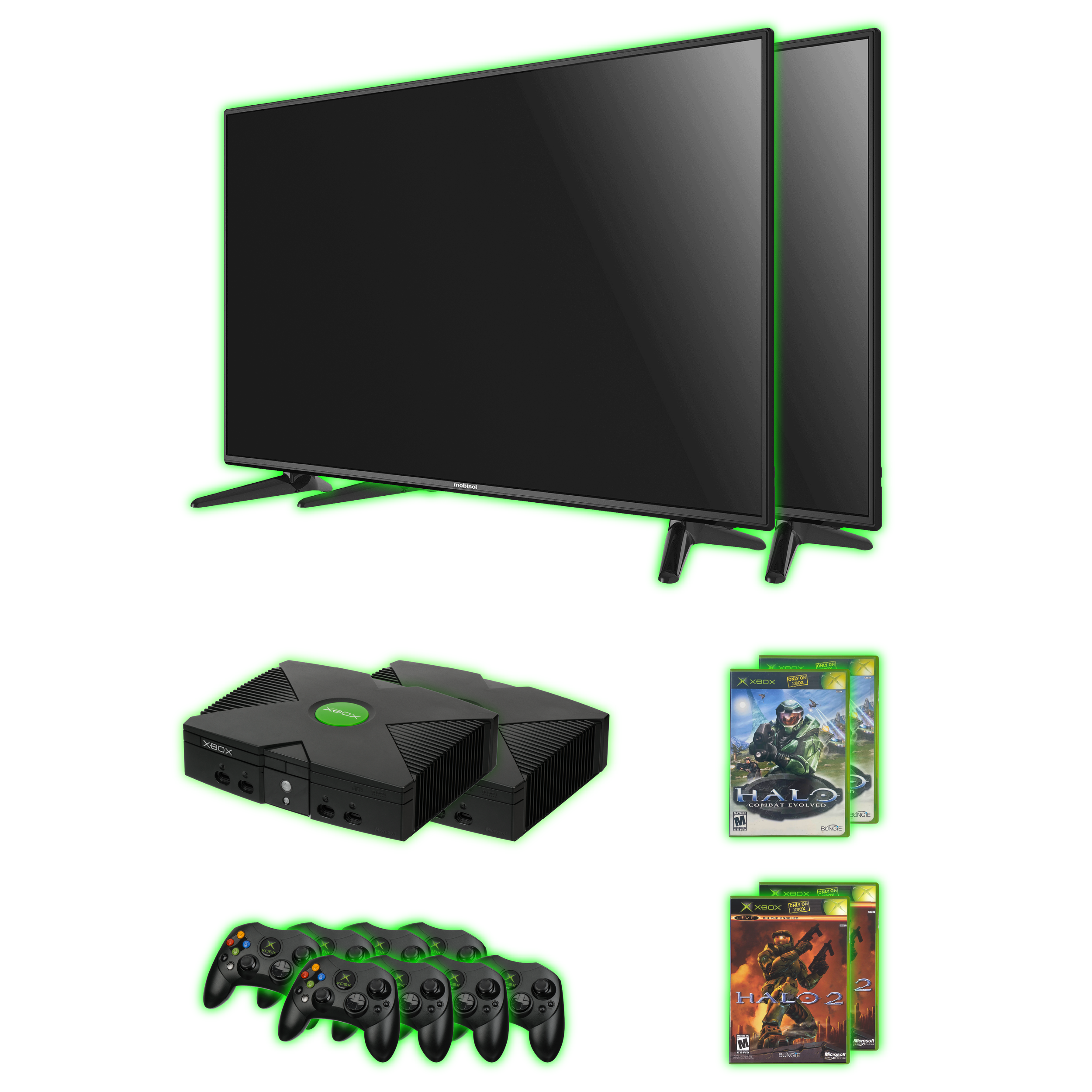 Two black Xbox gaming consoles with green Xbox logos on top, positioned side by side, facing forward.